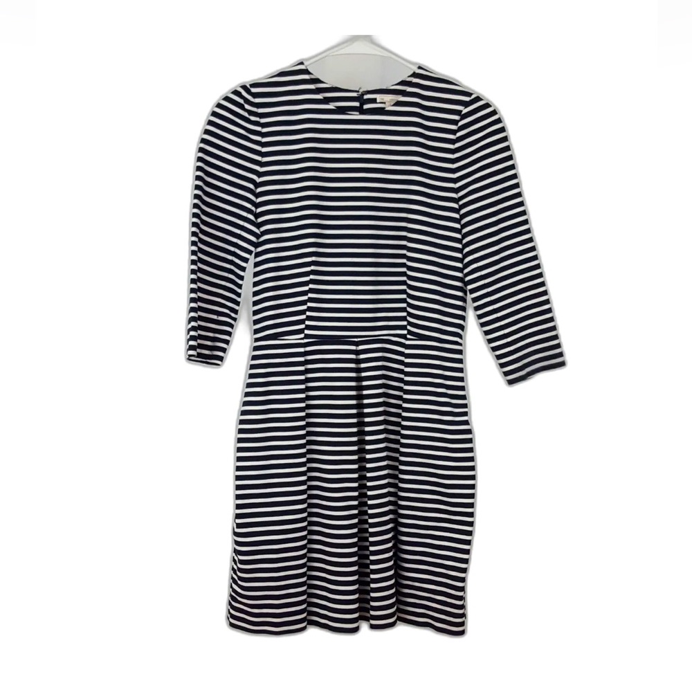Gap Petite Size 0P Fit & Flare Dress Navy Blue & White Striped 3/4 Sleeve